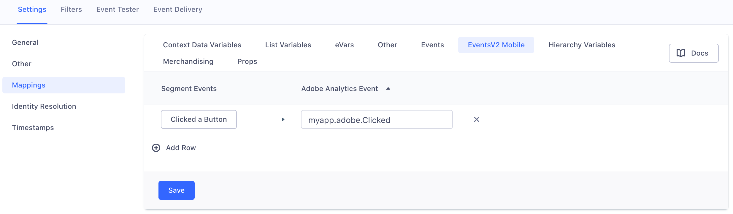 A screenshot of the Adobe Analytics settings page in Segment, with the Mappings section selected.