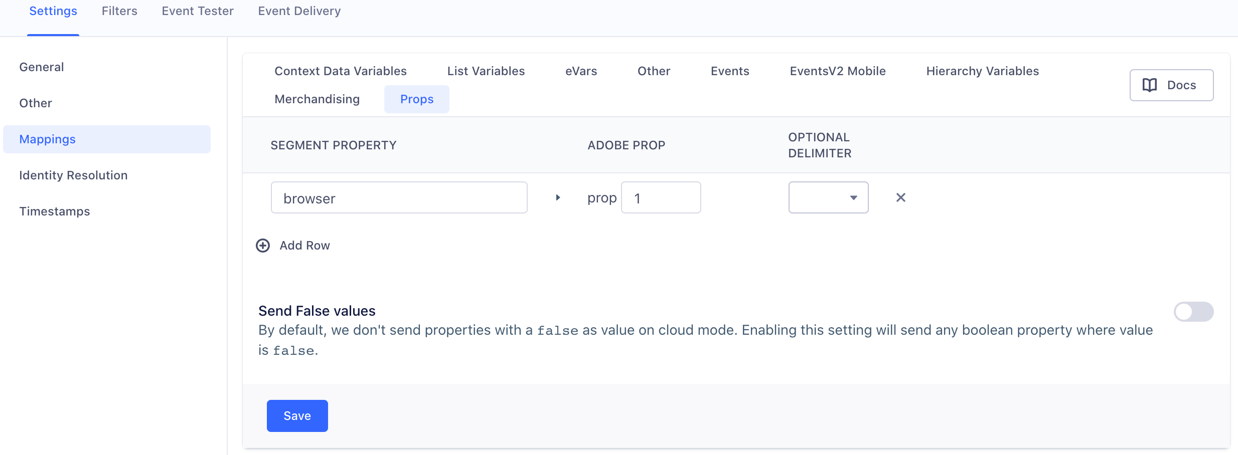 A screenshot of the Adobe Analytics settings page in Segment, with the Mappings section selected and a sample property mapping under the Props tab.