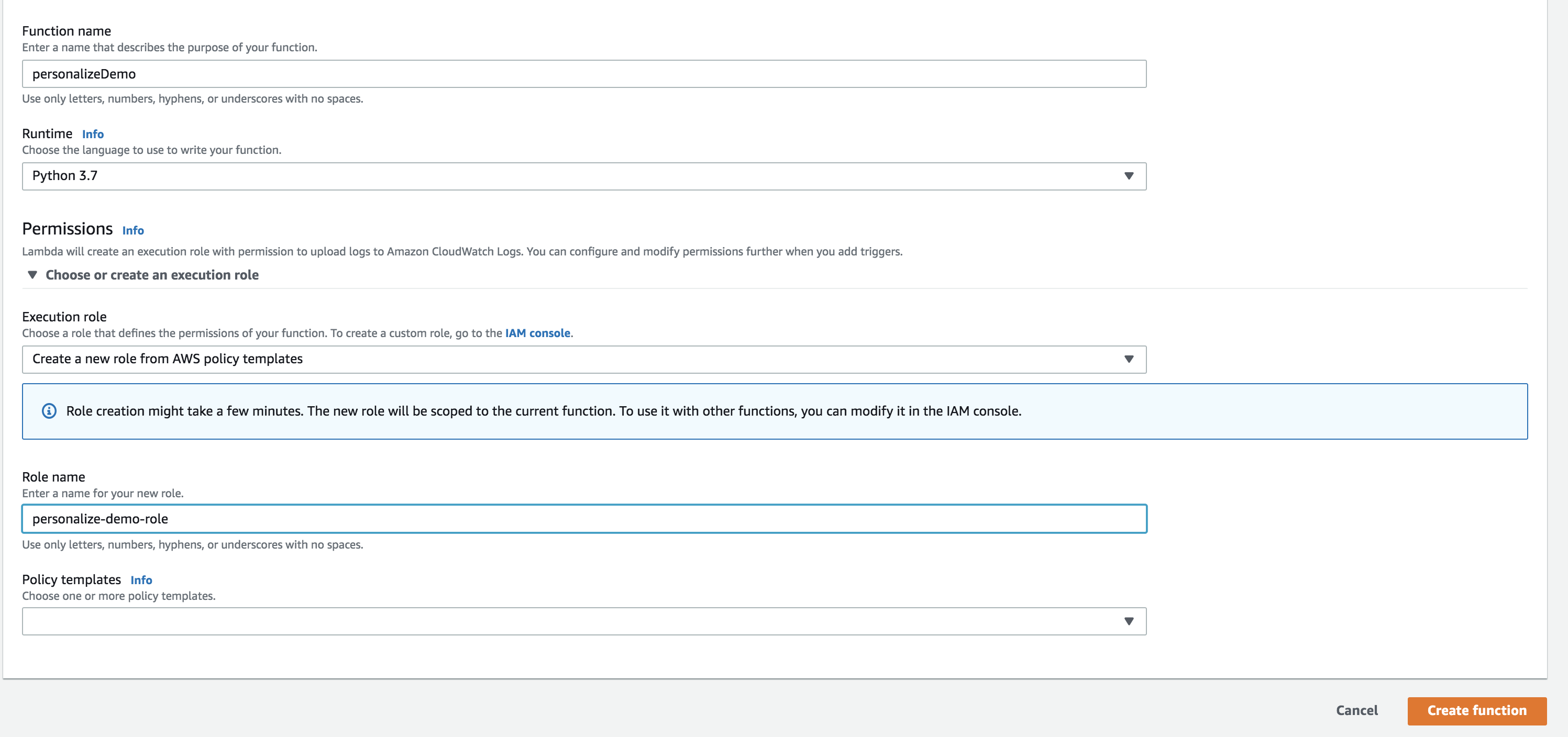 A screenshot of the AWS Lambda function settings page.