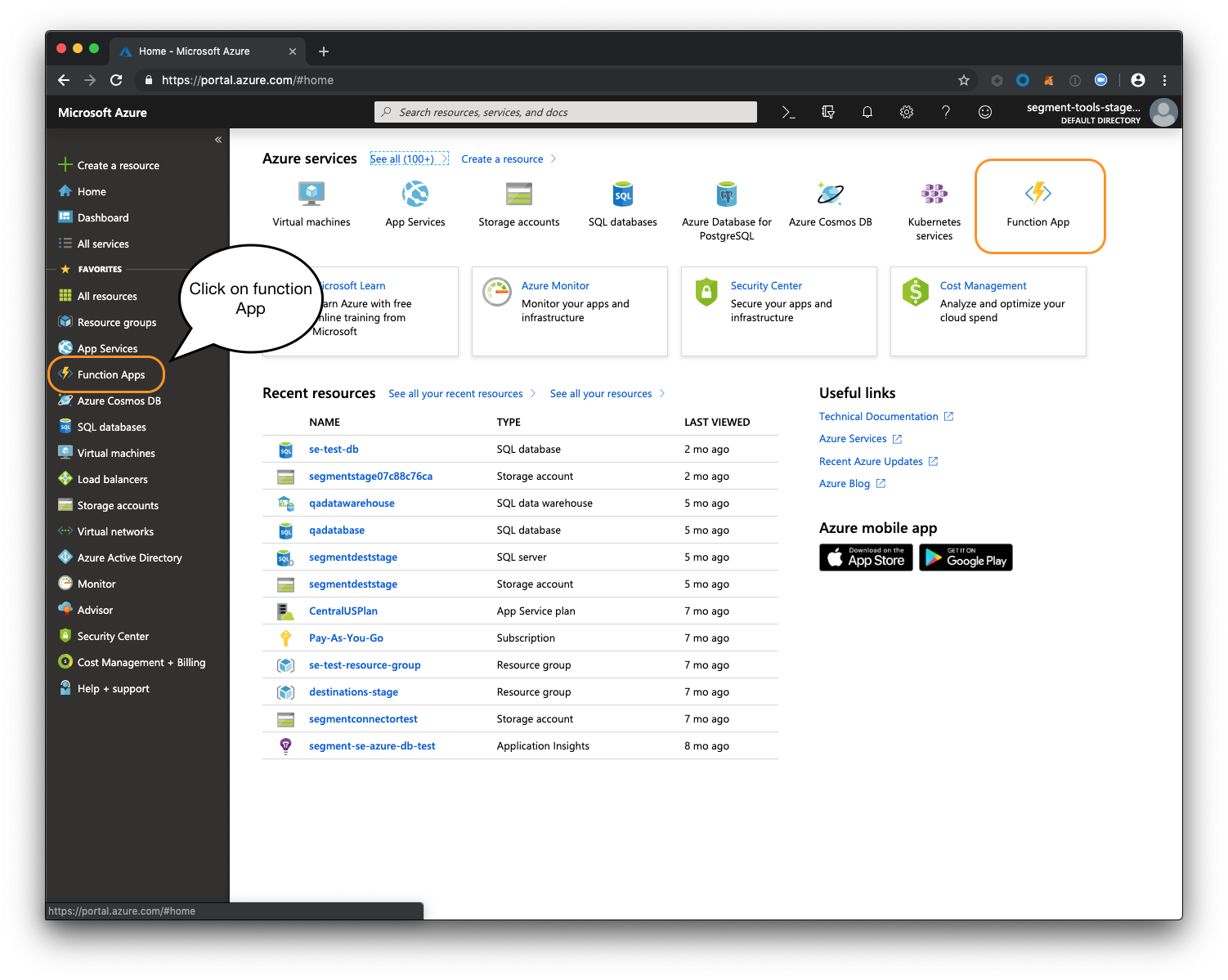 A screenshot of the Azure services dashboard.