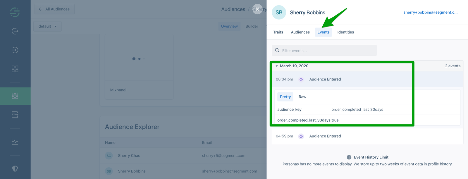 A screenshot of Segment's Audience Explorer with an Audience Entered event.