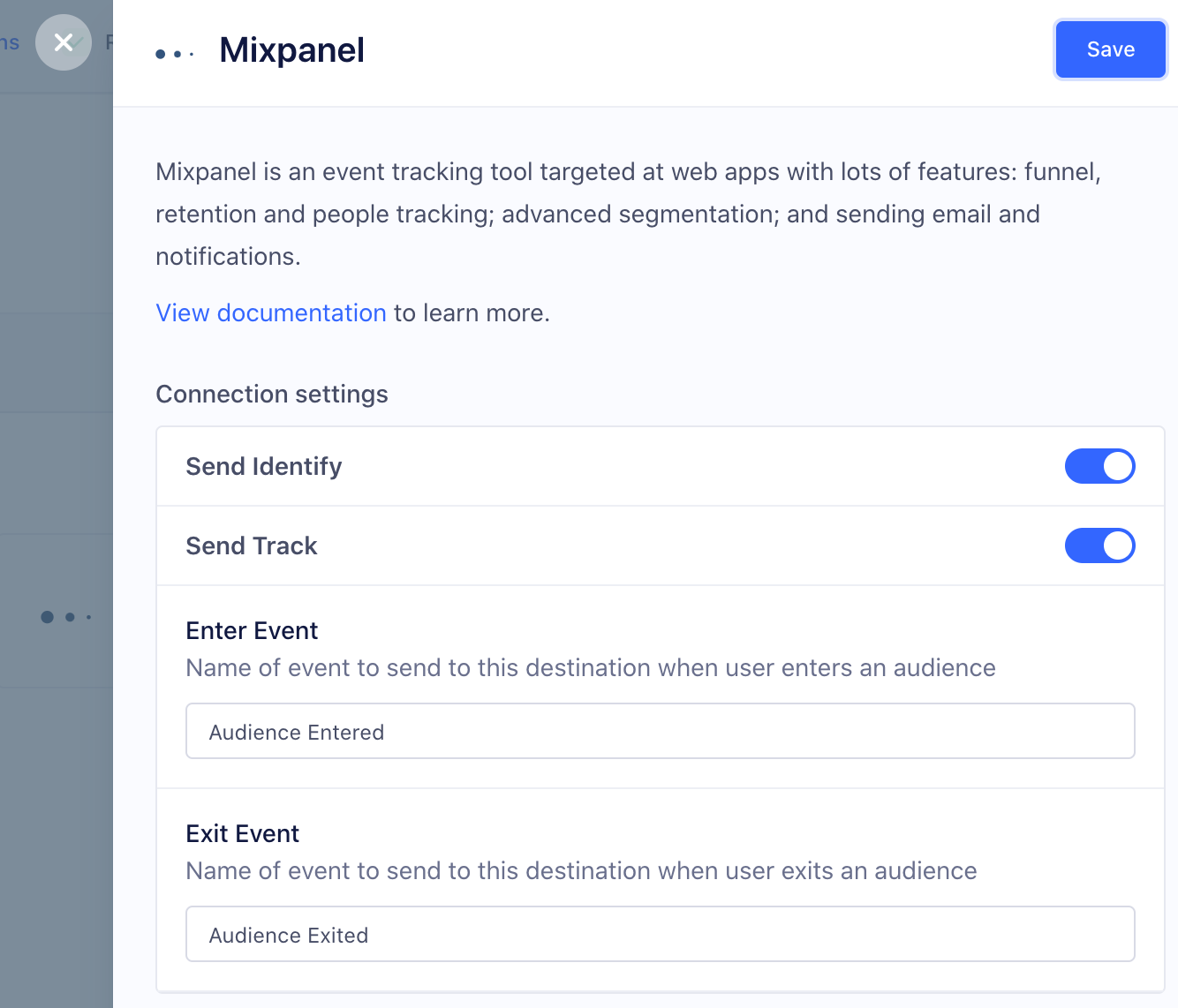 A screenshot of the Mixpanel Connection settings page in Segment.