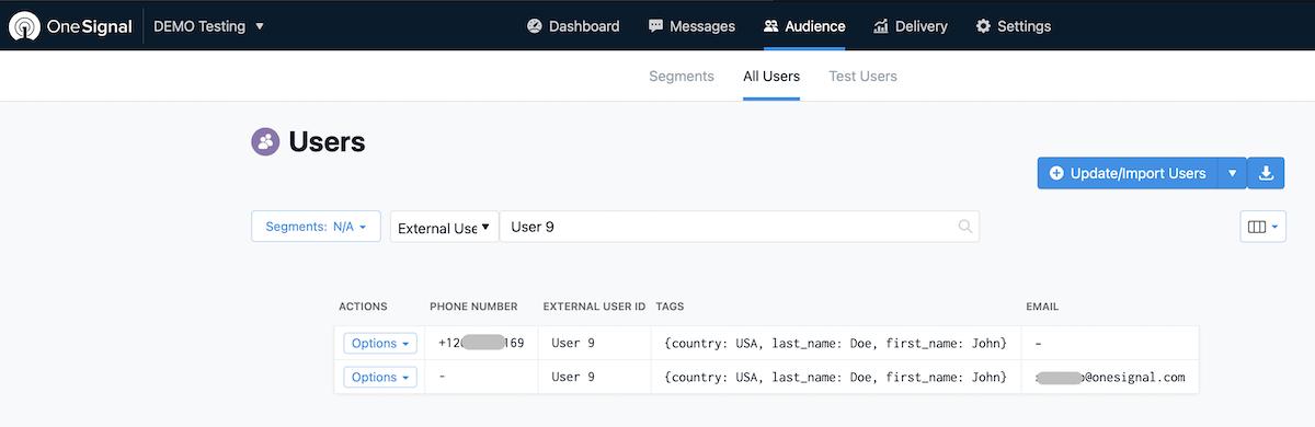 A screenshot of the Users page in OneSignal.