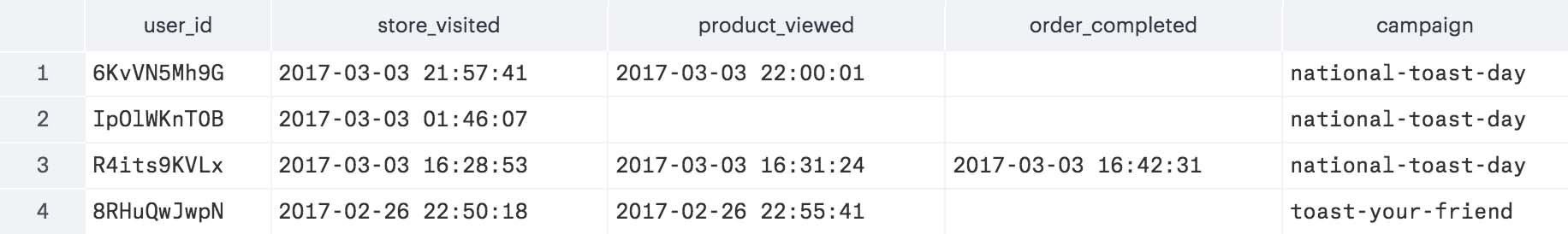 Screenshot of a table, with columns for user_id, store_visited, product_viewed, order_completed, and campaign. Four customer records are included.